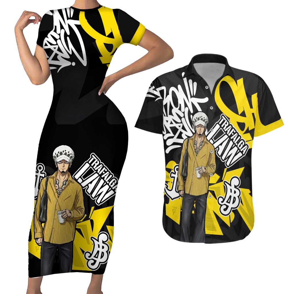 Trafalgar Law One Piece Couples Matching Short Sleeve Bodycon Dress and Hawaiian Shirt Graffiti Street Art Anime Collage