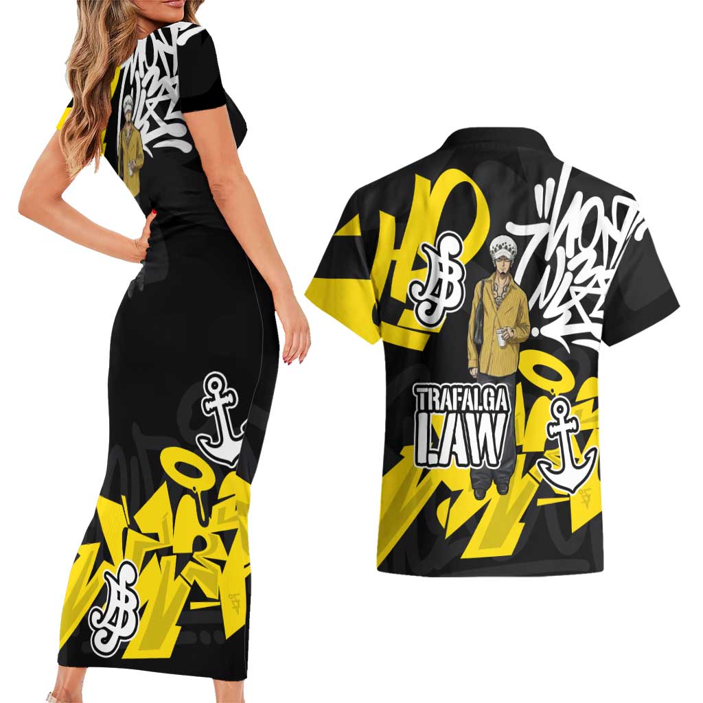 Trafalgar Law One Piece Couples Matching Short Sleeve Bodycon Dress and Hawaiian Shirt Graffiti Street Art Anime Collage