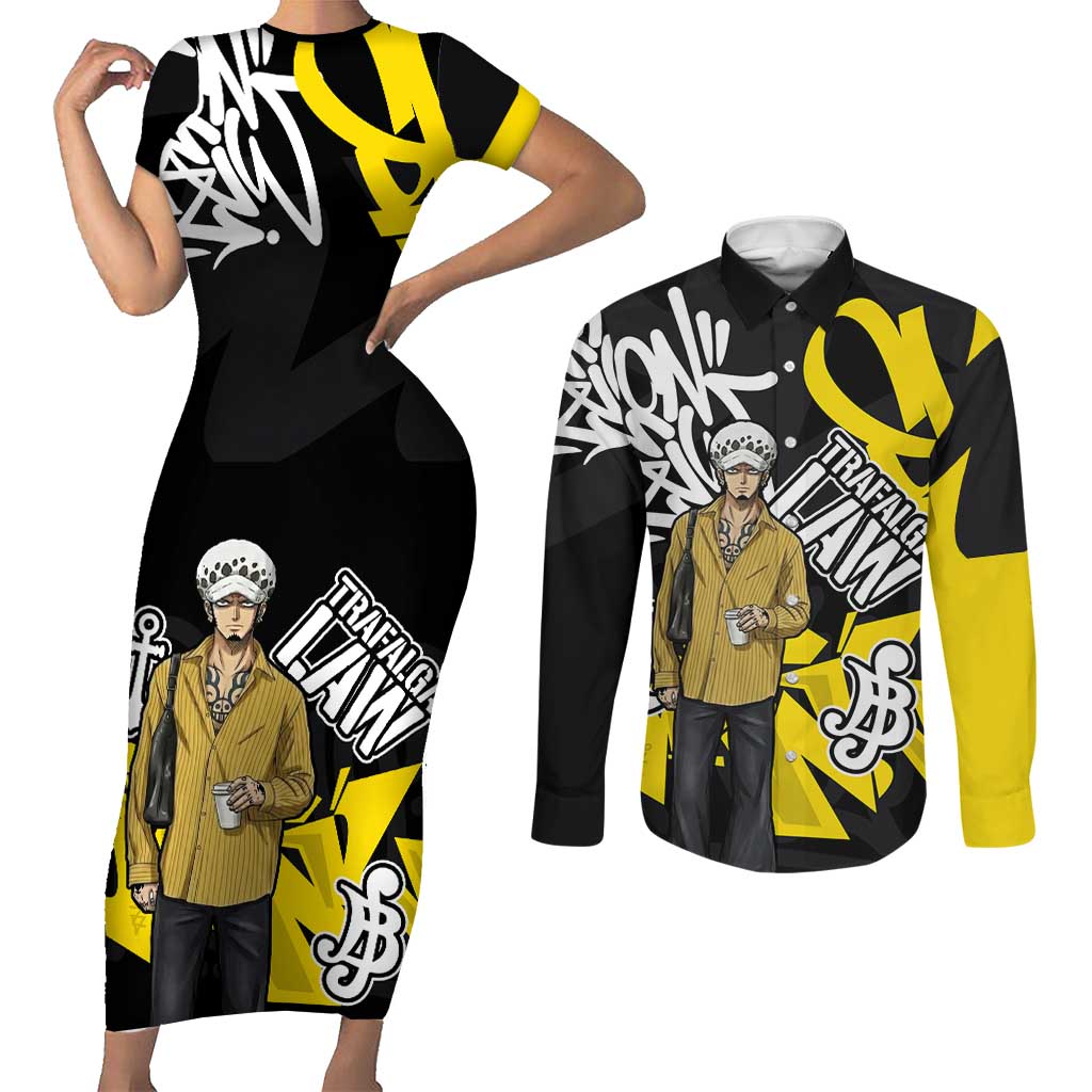 Trafalgar Law One Piece Couples Matching Short Sleeve Bodycon Dress and Long Sleeve Button Shirt Graffiti Street Art Anime Collage