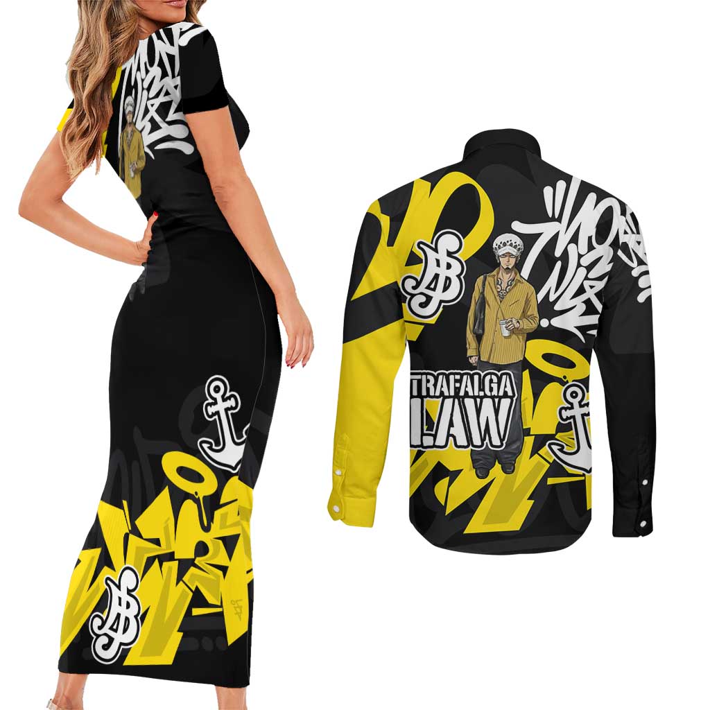 Trafalgar Law One Piece Couples Matching Short Sleeve Bodycon Dress and Long Sleeve Button Shirt Graffiti Street Art Anime Collage