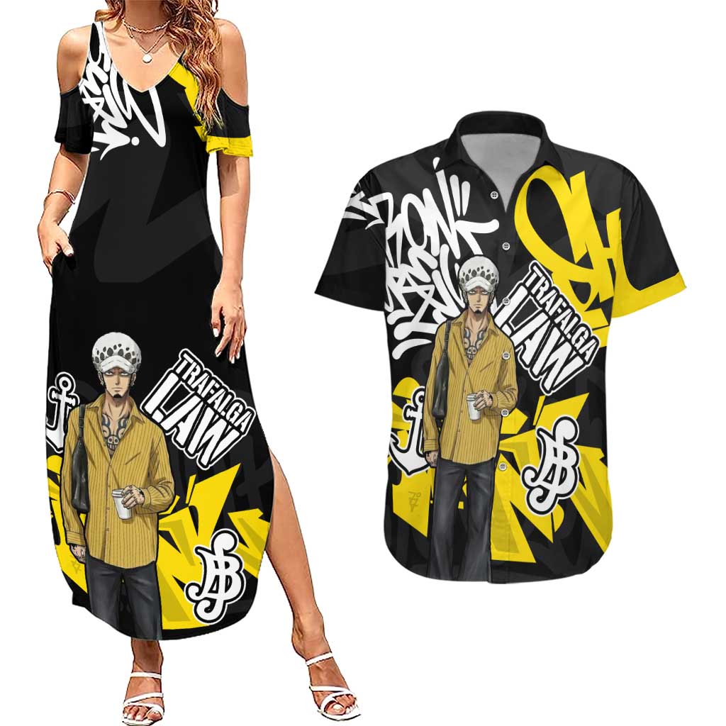 Trafalgar Law One Piece Couples Matching Summer Maxi Dress and Hawaiian Shirt Graffiti Street Art Anime Collage