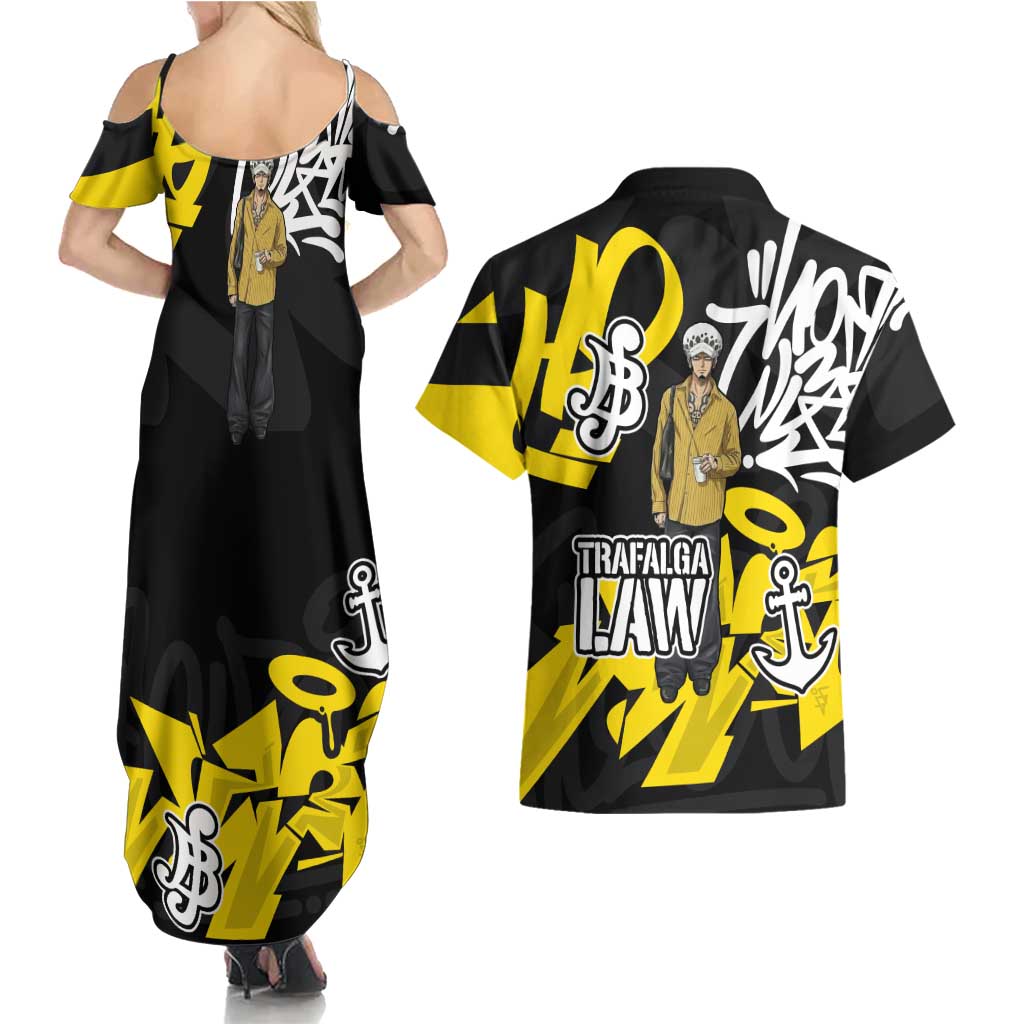 Trafalgar Law One Piece Couples Matching Summer Maxi Dress and Hawaiian Shirt Graffiti Street Art Anime Collage