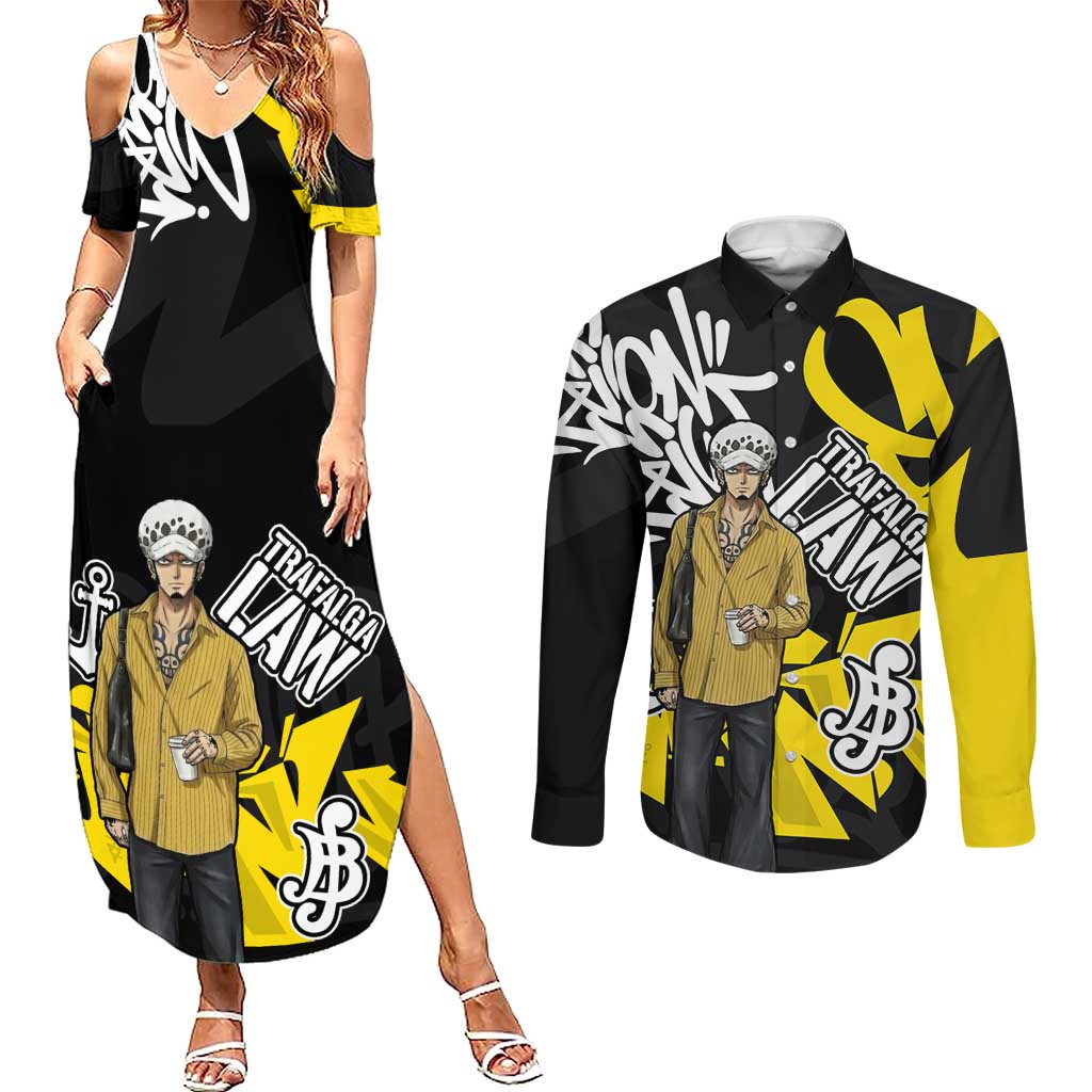 Trafalgar Law One Piece Couples Matching Summer Maxi Dress and Long Sleeve Button Shirt Graffiti Street Art Anime Collage