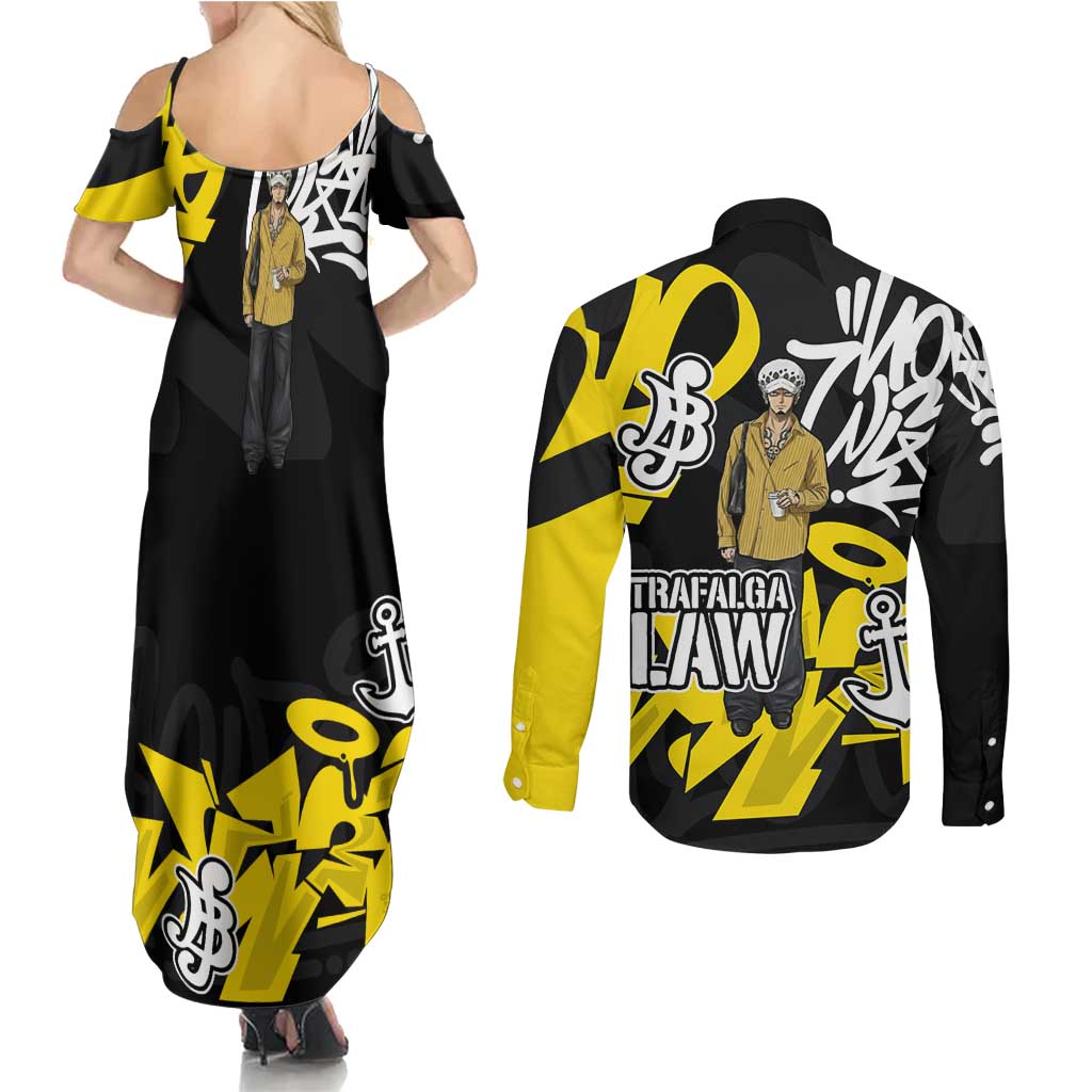 Trafalgar Law One Piece Couples Matching Summer Maxi Dress and Long Sleeve Button Shirt Graffiti Street Art Anime Collage
