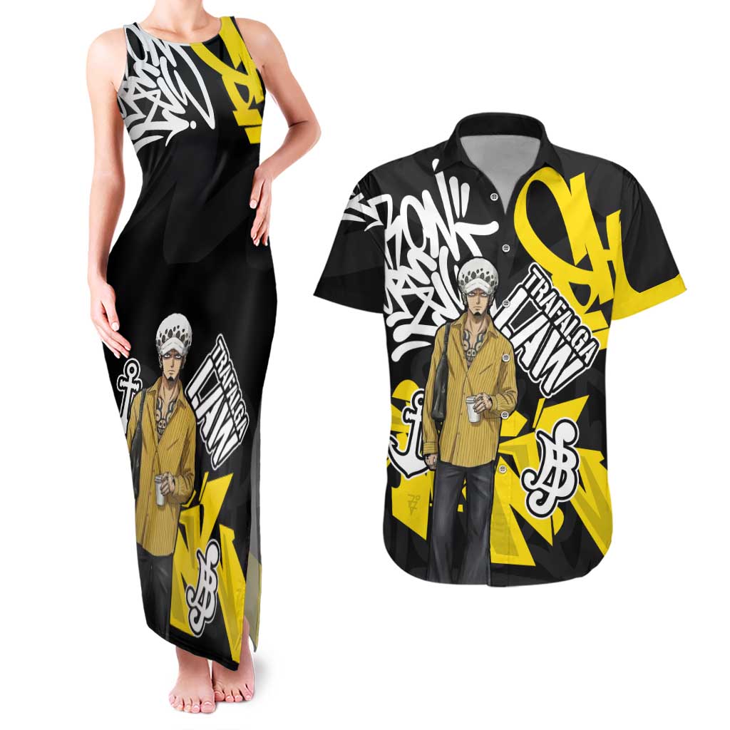 Trafalgar Law One Piece Couples Matching Tank Maxi Dress and Hawaiian Shirt Graffiti Street Art Anime Collage