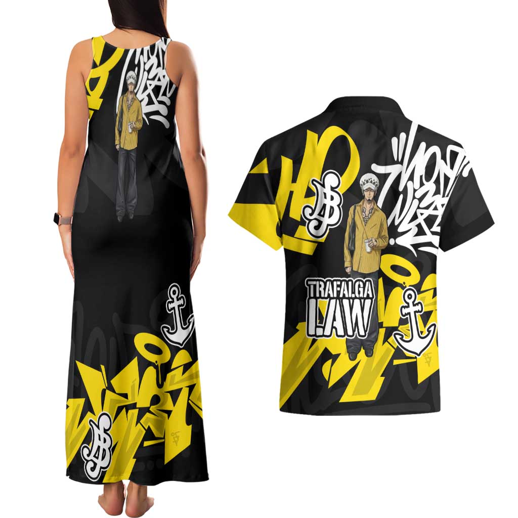 Trafalgar Law One Piece Couples Matching Tank Maxi Dress and Hawaiian Shirt Graffiti Street Art Anime Collage