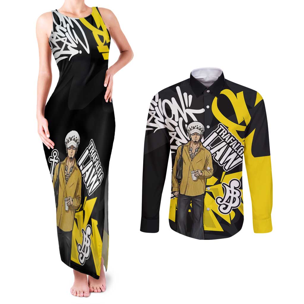Trafalgar Law One Piece Couples Matching Tank Maxi Dress and Long Sleeve Button Shirt Graffiti Street Art Anime Collage