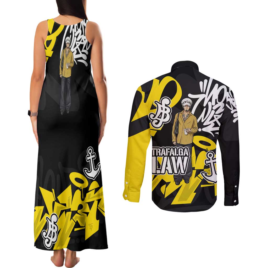 Trafalgar Law One Piece Couples Matching Tank Maxi Dress and Long Sleeve Button Shirt Graffiti Street Art Anime Collage