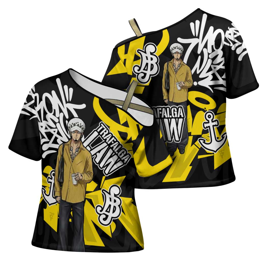 Trafalgar Law One Piece Cross Shoulder Shirt Graffiti Street Art Anime Collage
