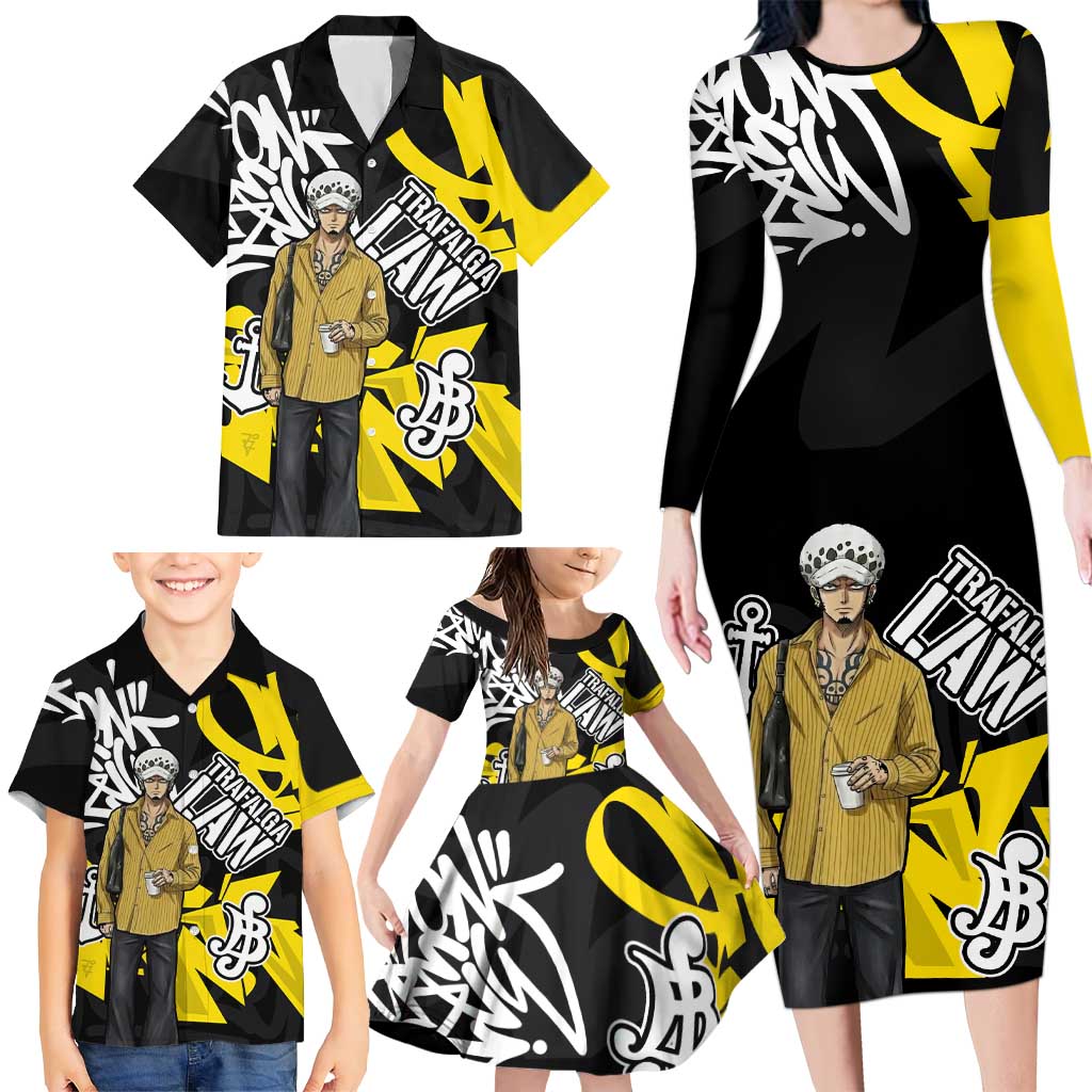Trafalgar Law One Piece Family Matching Long Sleeve Bodycon Dress and Hawaiian Shirt Graffiti Street Art Anime Collage