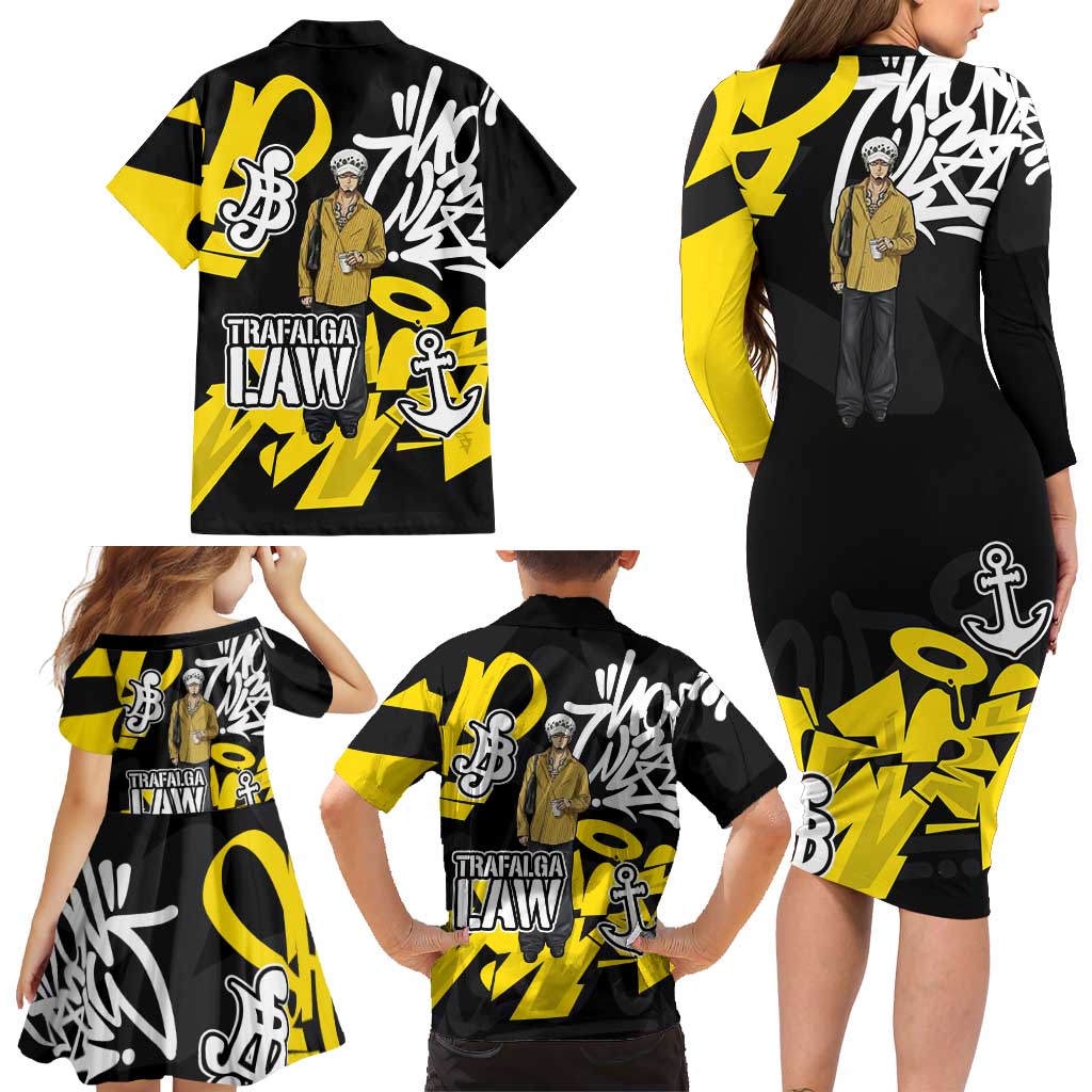 Trafalgar Law One Piece Family Matching Long Sleeve Bodycon Dress and Hawaiian Shirt Graffiti Street Art Anime Collage