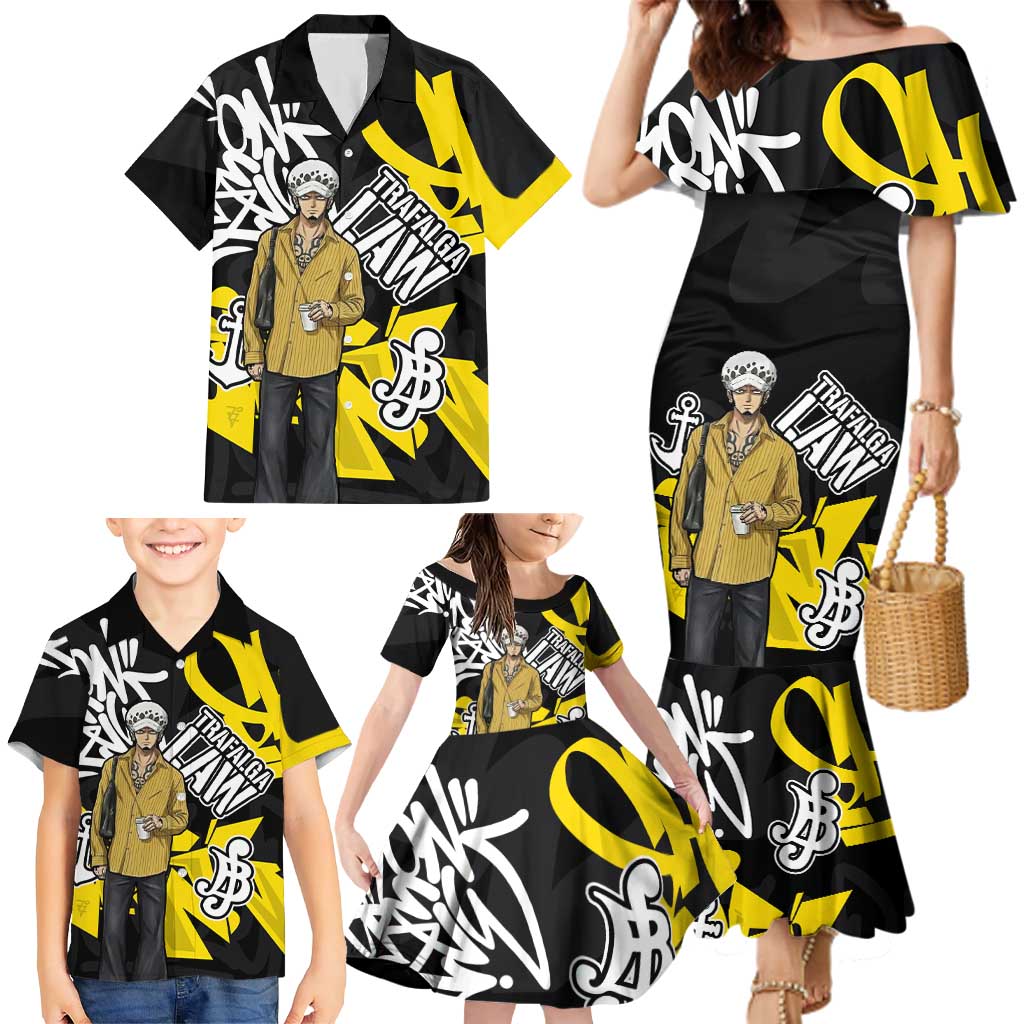 Trafalgar Law One Piece Family Matching Mermaid Dress and Hawaiian Shirt Graffiti Street Art Anime Collage