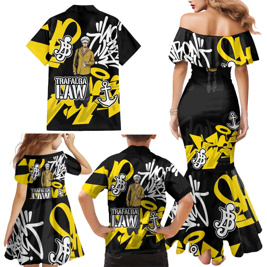 Trafalgar Law One Piece Family Matching Mermaid Dress and Hawaiian Shirt Graffiti Street Art Anime Collage