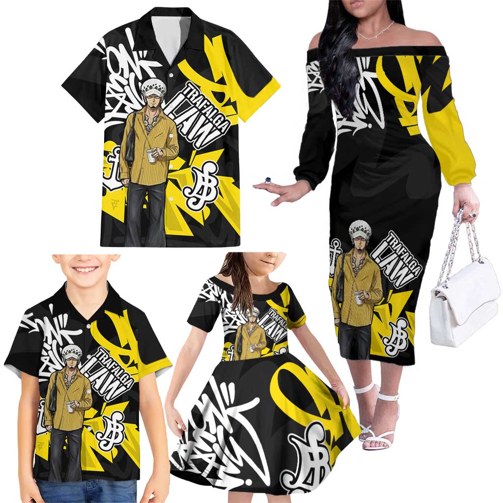 Trafalgar Law One Piece Family Matching Off The Shoulder Long Sleeve Dress and Hawaiian Shirt Graffiti Street Art Anime Collage