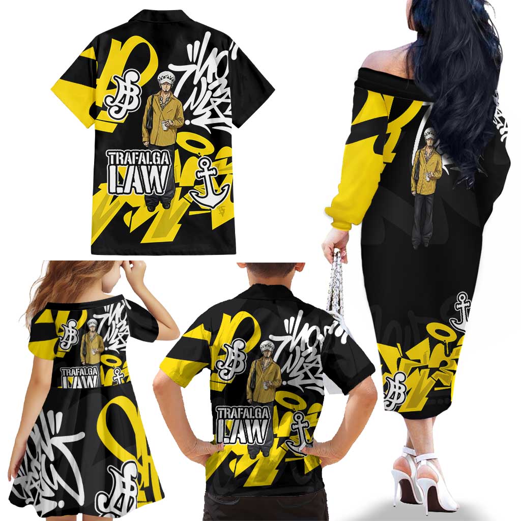 Trafalgar Law One Piece Family Matching Off The Shoulder Long Sleeve Dress and Hawaiian Shirt Graffiti Street Art Anime Collage