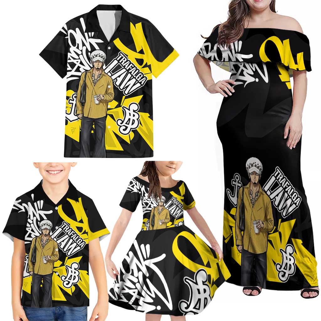Trafalgar Law One Piece Family Matching Off Shoulder Maxi Dress and Hawaiian Shirt Graffiti Street Art Anime Collage