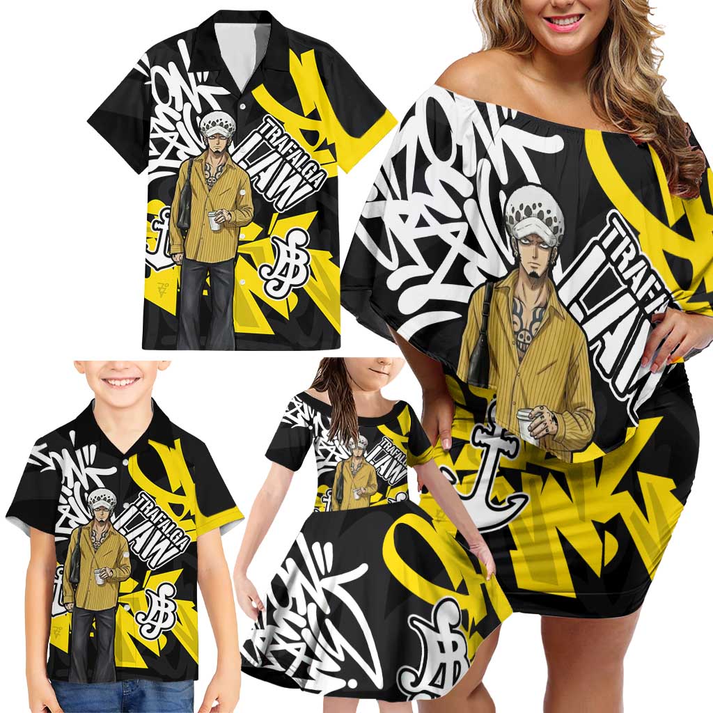 Trafalgar Law One Piece Family Matching Off Shoulder Short Dress and Hawaiian Shirt Graffiti Street Art Anime Collage