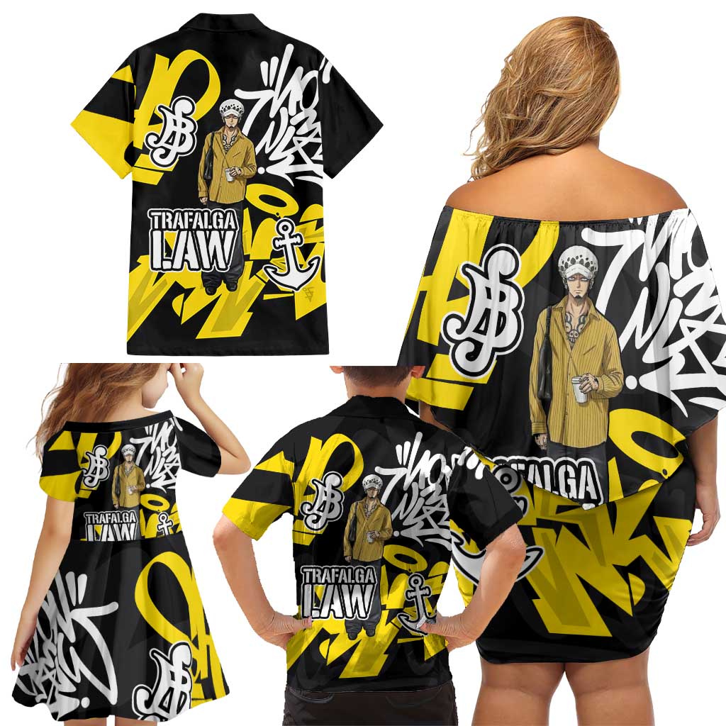 Trafalgar Law One Piece Family Matching Off Shoulder Short Dress and Hawaiian Shirt Graffiti Street Art Anime Collage