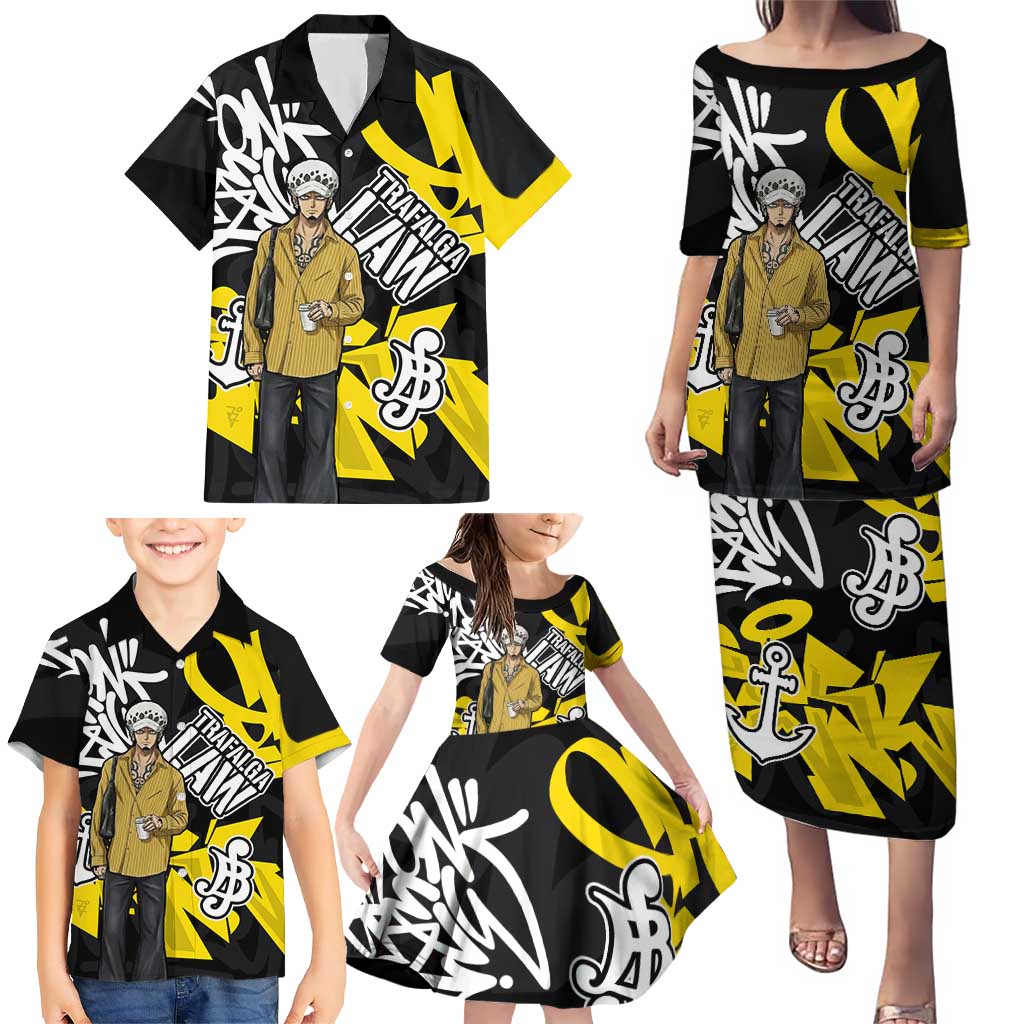 Trafalgar Law One Piece Family Matching Puletasi and Hawaiian Shirt Graffiti Street Art Anime Collage