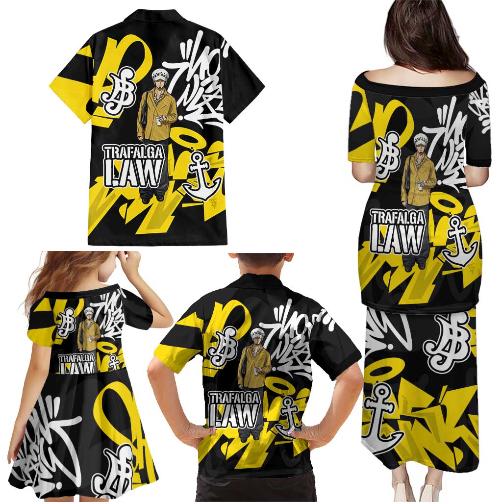 Trafalgar Law One Piece Family Matching Puletasi and Hawaiian Shirt Graffiti Street Art Anime Collage