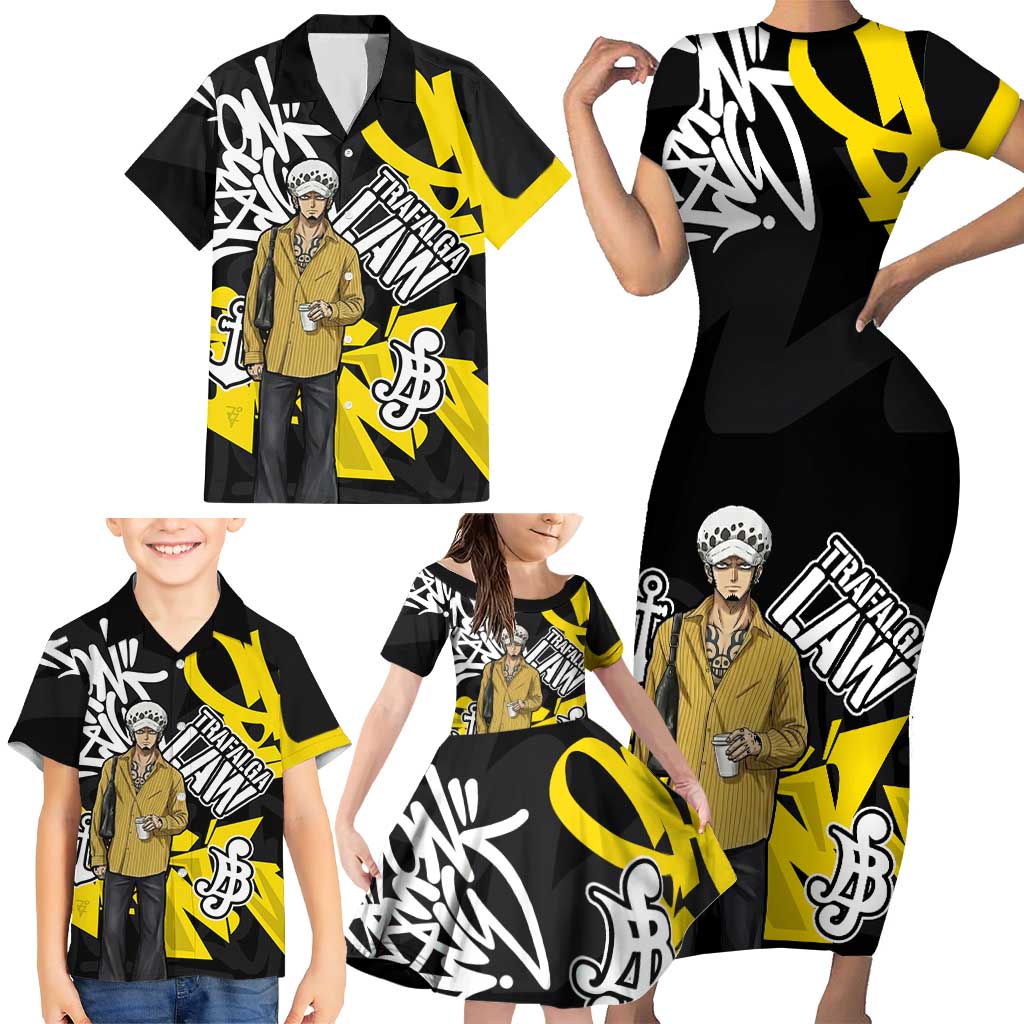 Trafalgar Law One Piece Family Matching Short Sleeve Bodycon Dress and Hawaiian Shirt Graffiti Street Art Anime Collage