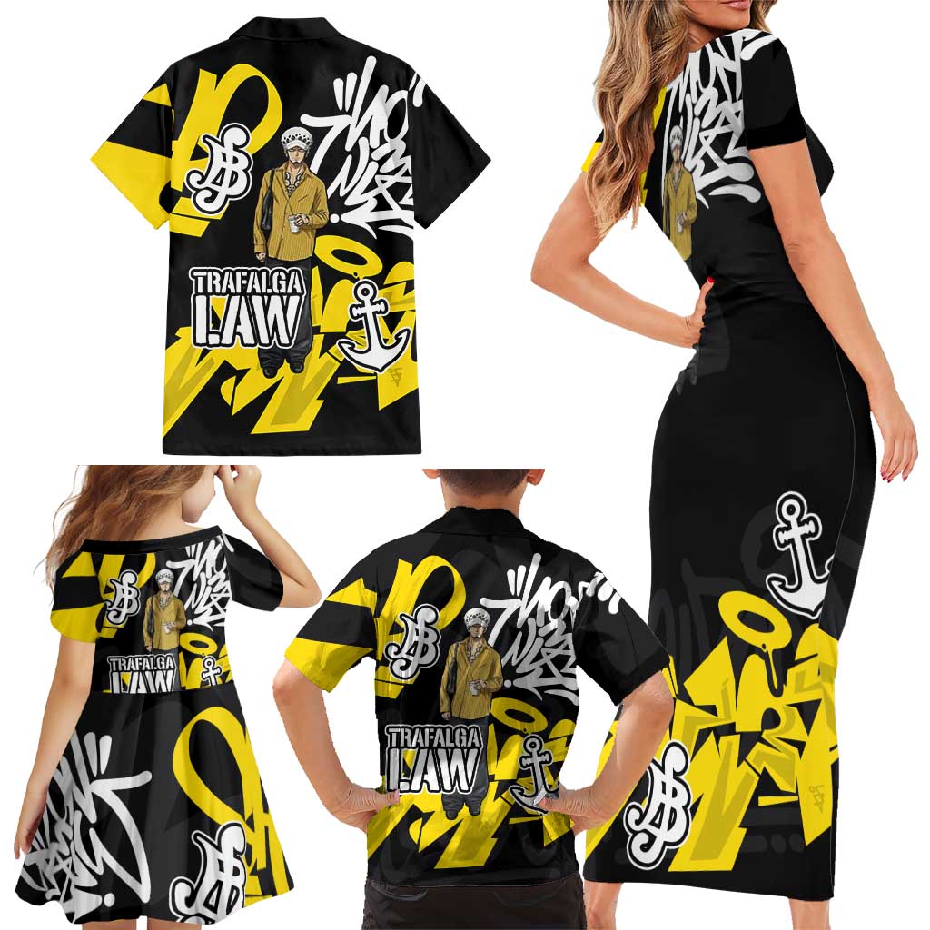 Trafalgar Law One Piece Family Matching Short Sleeve Bodycon Dress and Hawaiian Shirt Graffiti Street Art Anime Collage