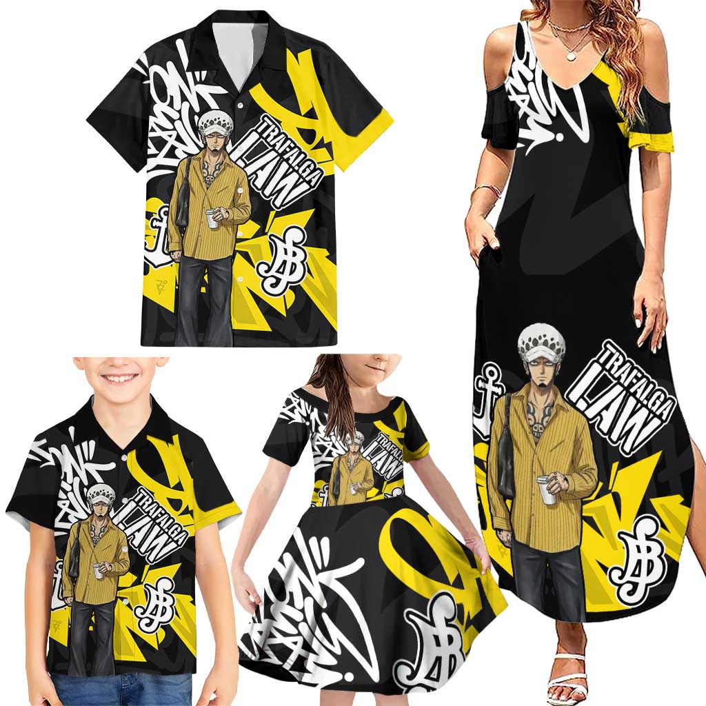 Trafalgar Law One Piece Family Matching Summer Maxi Dress and Hawaiian Shirt Graffiti Street Art Anime Collage