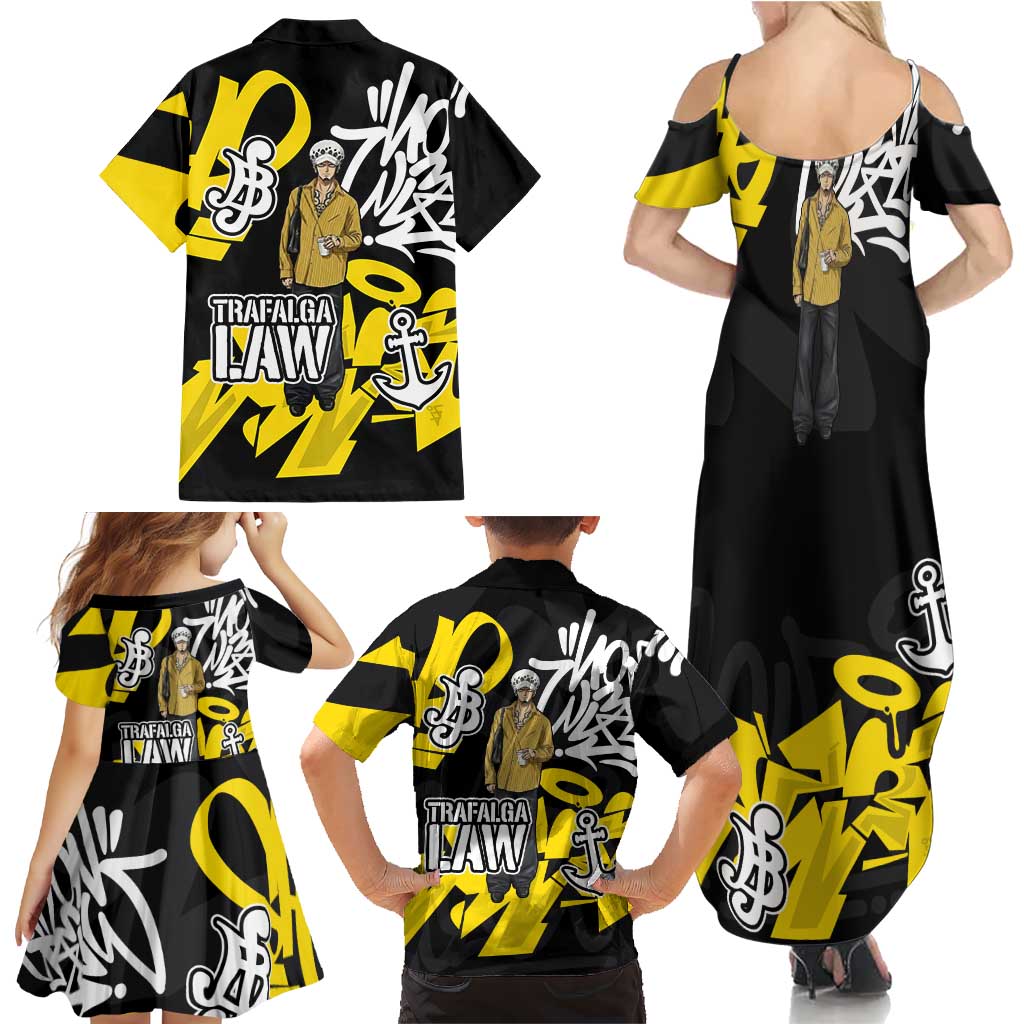 Trafalgar Law One Piece Family Matching Summer Maxi Dress and Hawaiian Shirt Graffiti Street Art Anime Collage
