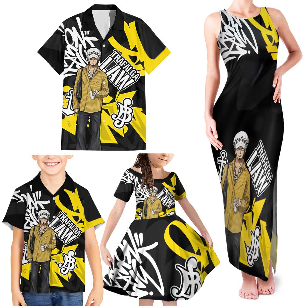 Trafalgar Law One Piece Family Matching Tank Maxi Dress and Hawaiian Shirt Graffiti Street Art Anime Collage