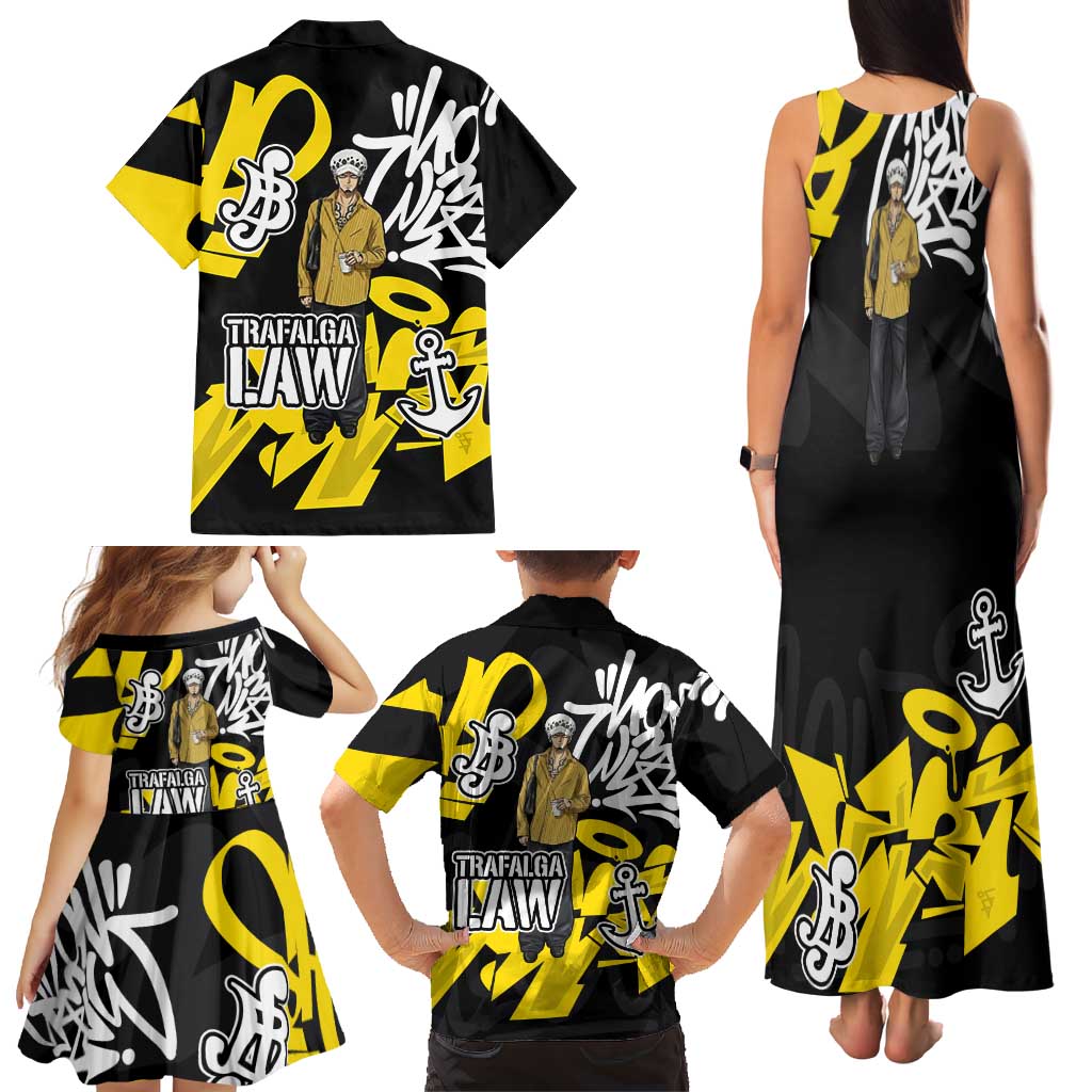 Trafalgar Law One Piece Family Matching Tank Maxi Dress and Hawaiian Shirt Graffiti Street Art Anime Collage