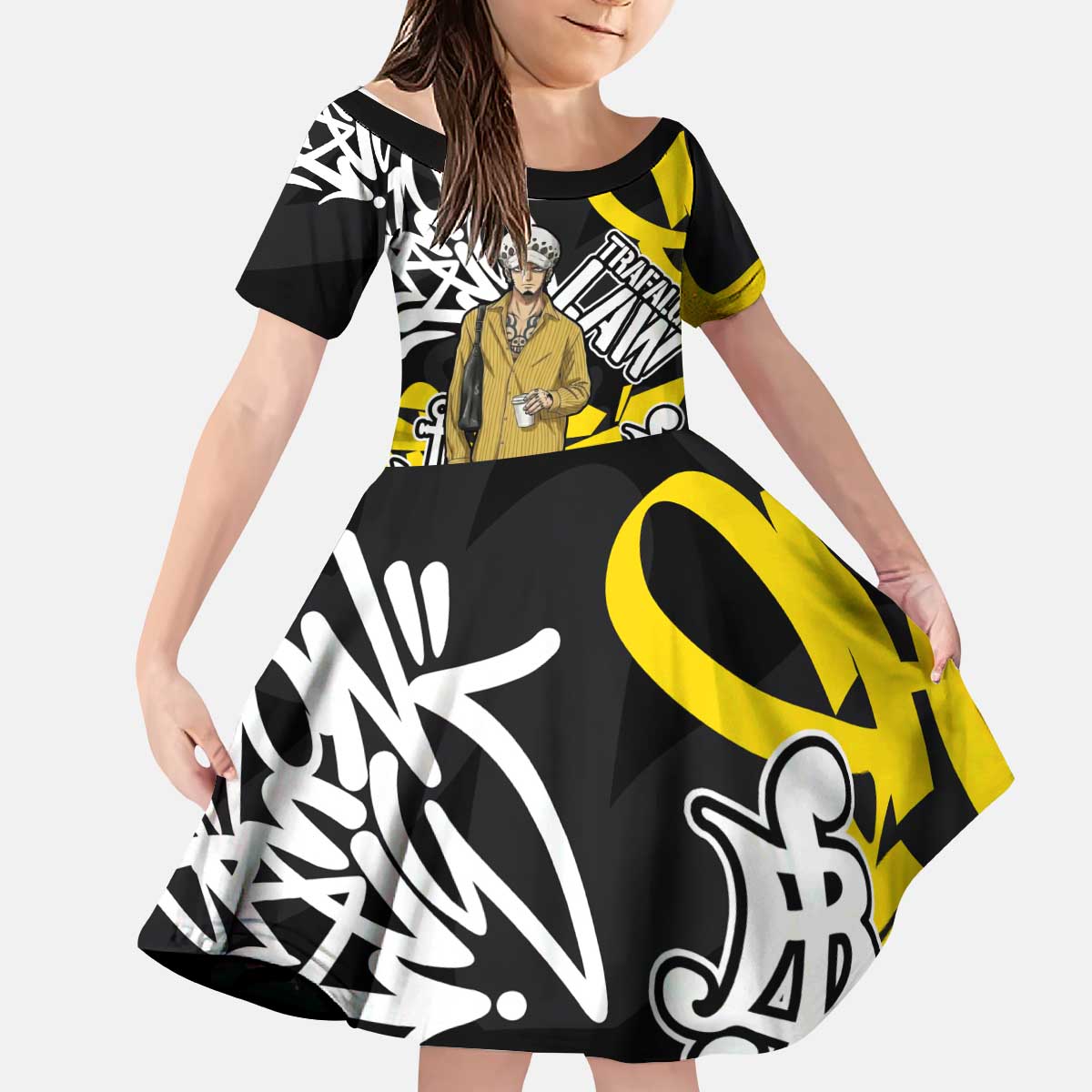 Trafalgar Law One Piece Kid Short Sleeve Dress Graffiti Street Art Anime Collage