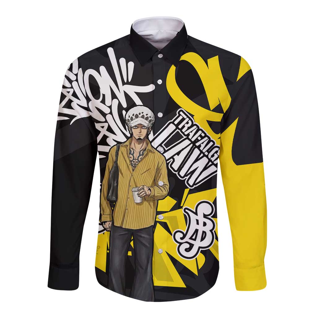 Trafalgar Law One Piece Long Sleeve Button Shirt Graffiti Street Art Anime Collage