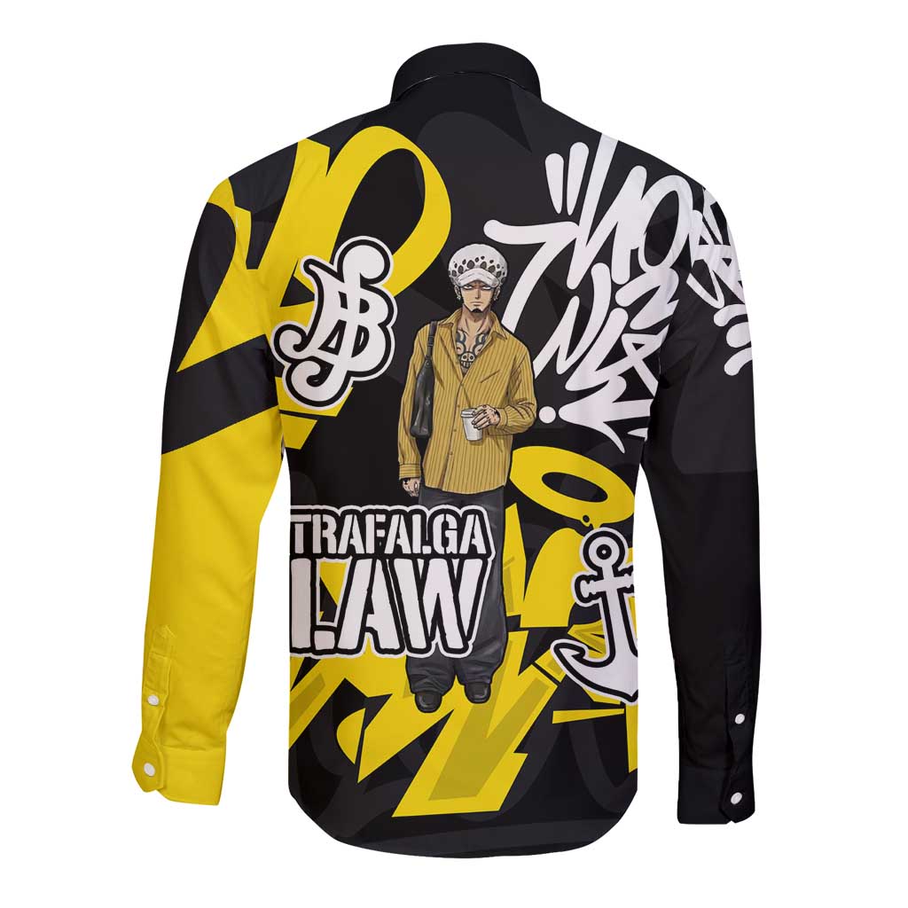 Trafalgar Law One Piece Long Sleeve Button Shirt Graffiti Street Art Anime Collage