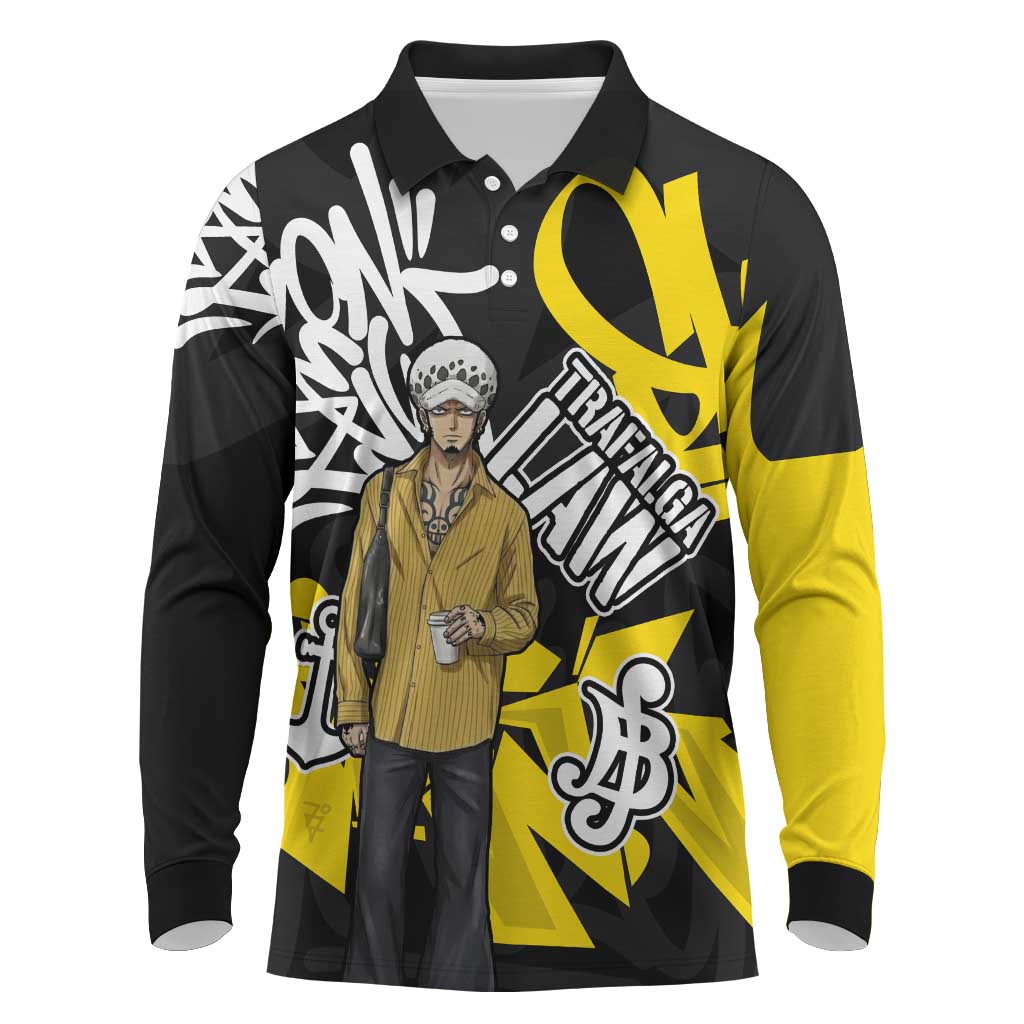 Trafalgar Law One Piece Long Sleeve Polo Shirt Graffiti Street Art Anime Collage