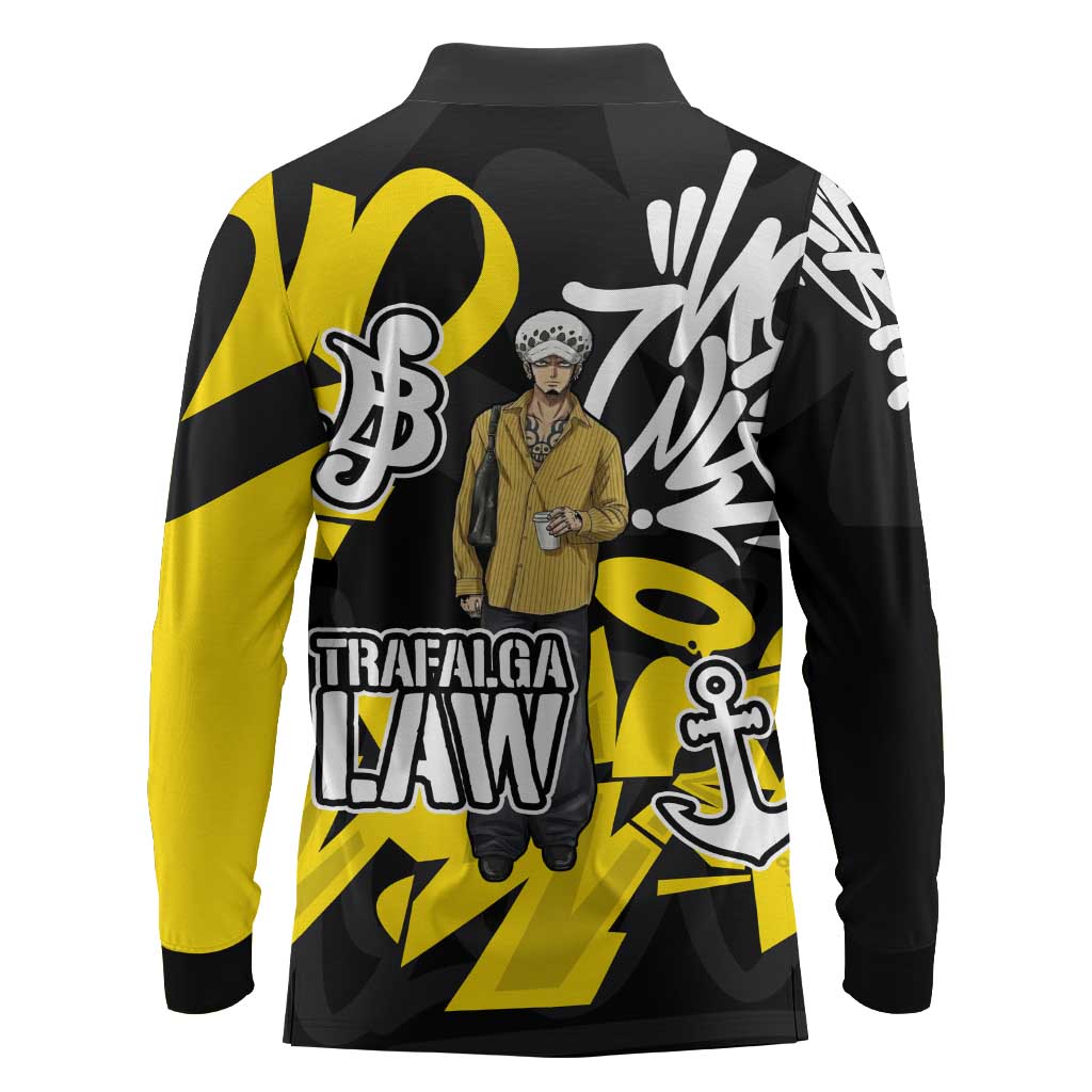 Trafalgar Law One Piece Long Sleeve Polo Shirt Graffiti Street Art Anime Collage