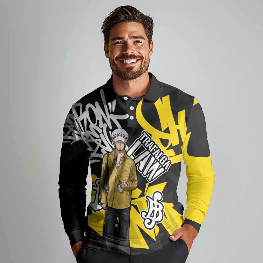 Trafalgar Law One Piece Long Sleeve Polo Shirt Graffiti Street Art Anime Collage