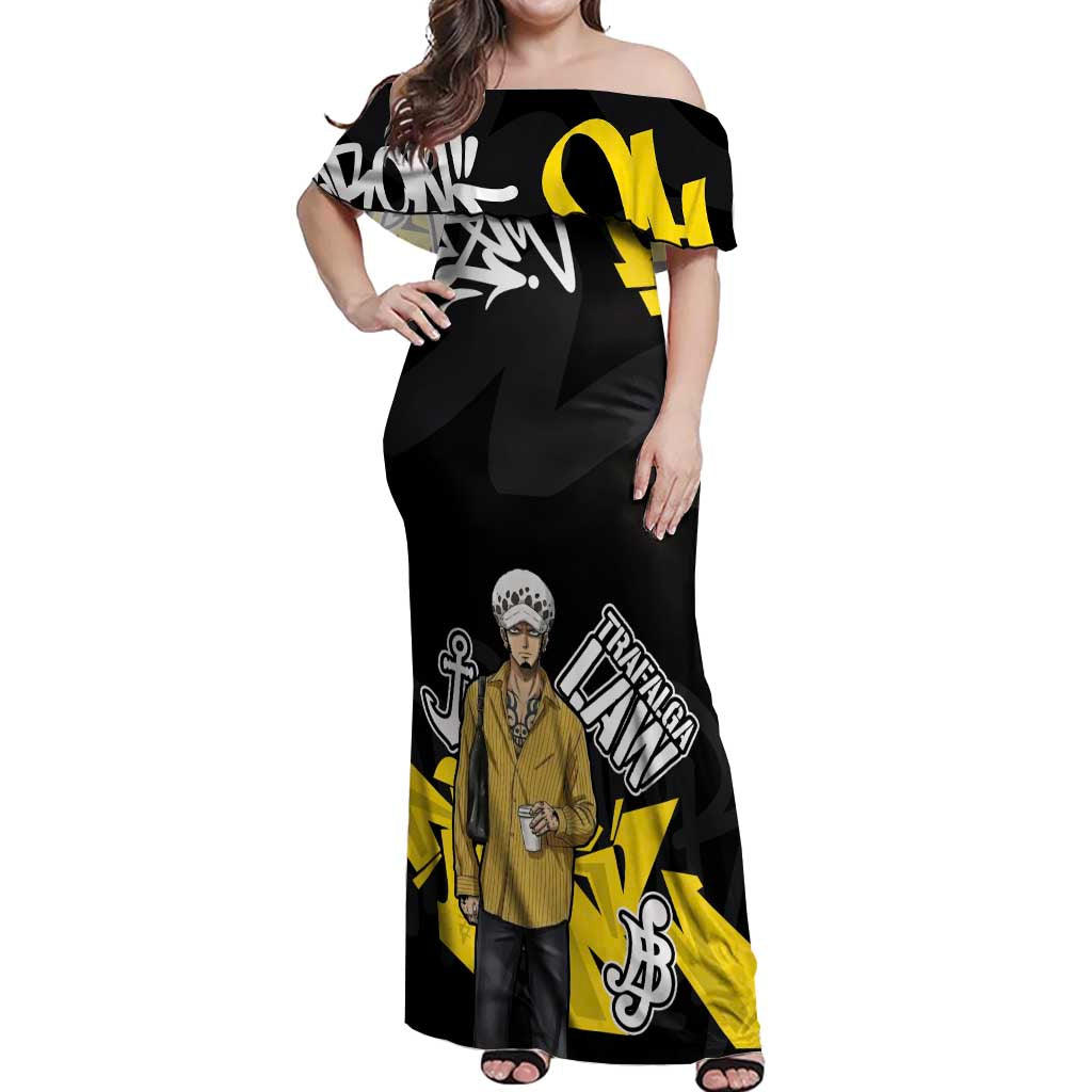 Trafalgar Law One Piece Off Shoulder Maxi Dress Graffiti Street Art Anime Collage