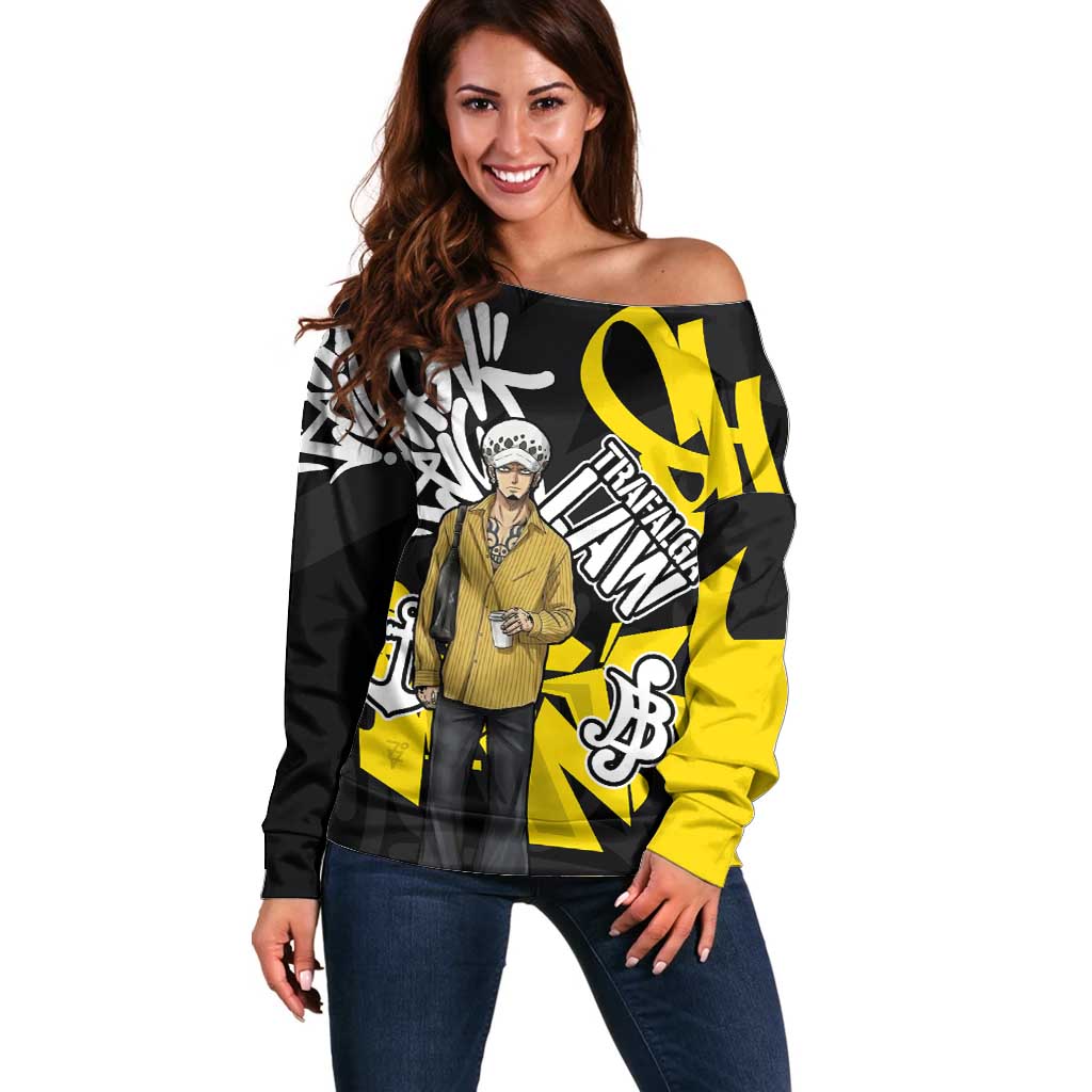 Trafalgar Law One Piece Off Shoulder Sweater Graffiti Street Art Anime Collage