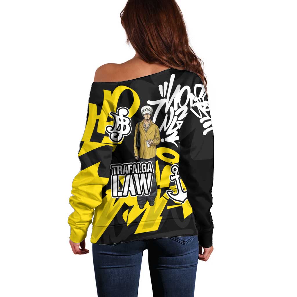 Trafalgar Law One Piece Off Shoulder Sweater Graffiti Street Art Anime Collage
