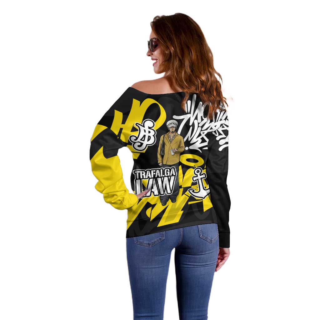 Trafalgar Law One Piece Off Shoulder Sweater Graffiti Street Art Anime Collage