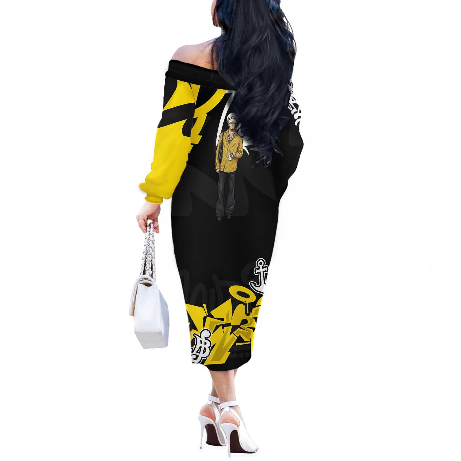 Trafalgar Law One Piece Off The Shoulder Long Sleeve Dress Graffiti Street Art Anime Collage