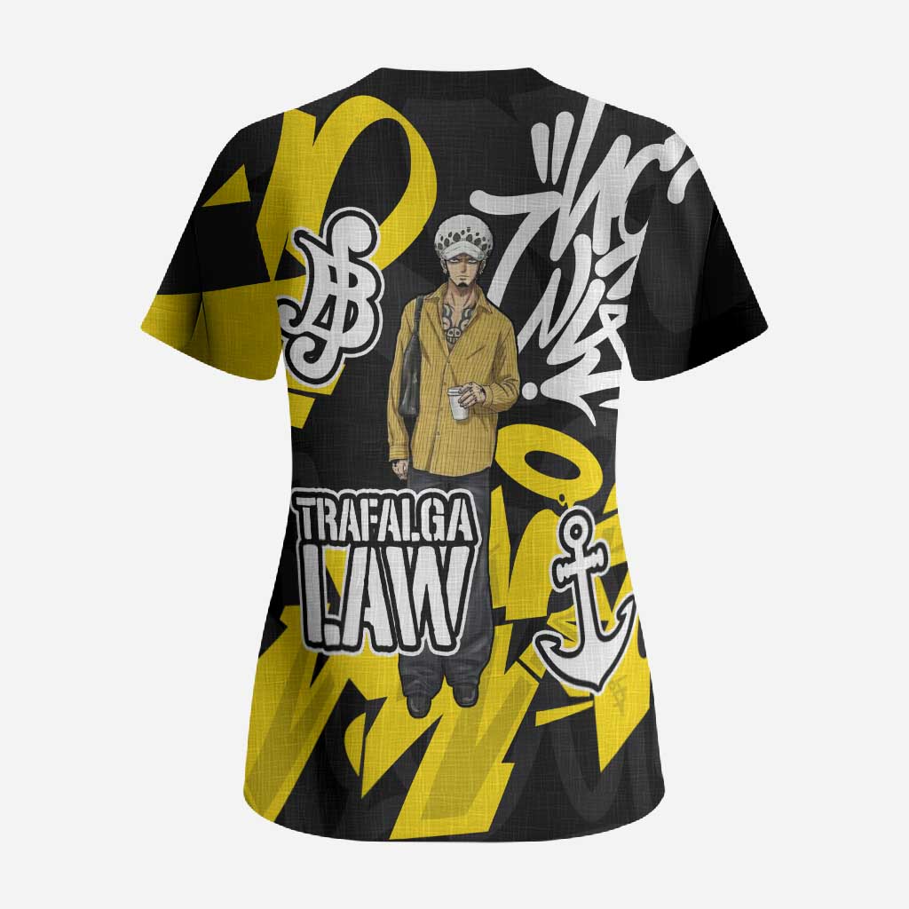 Trafalgar Law One Piece Scrub Top Graffiti Street Art Anime Collage