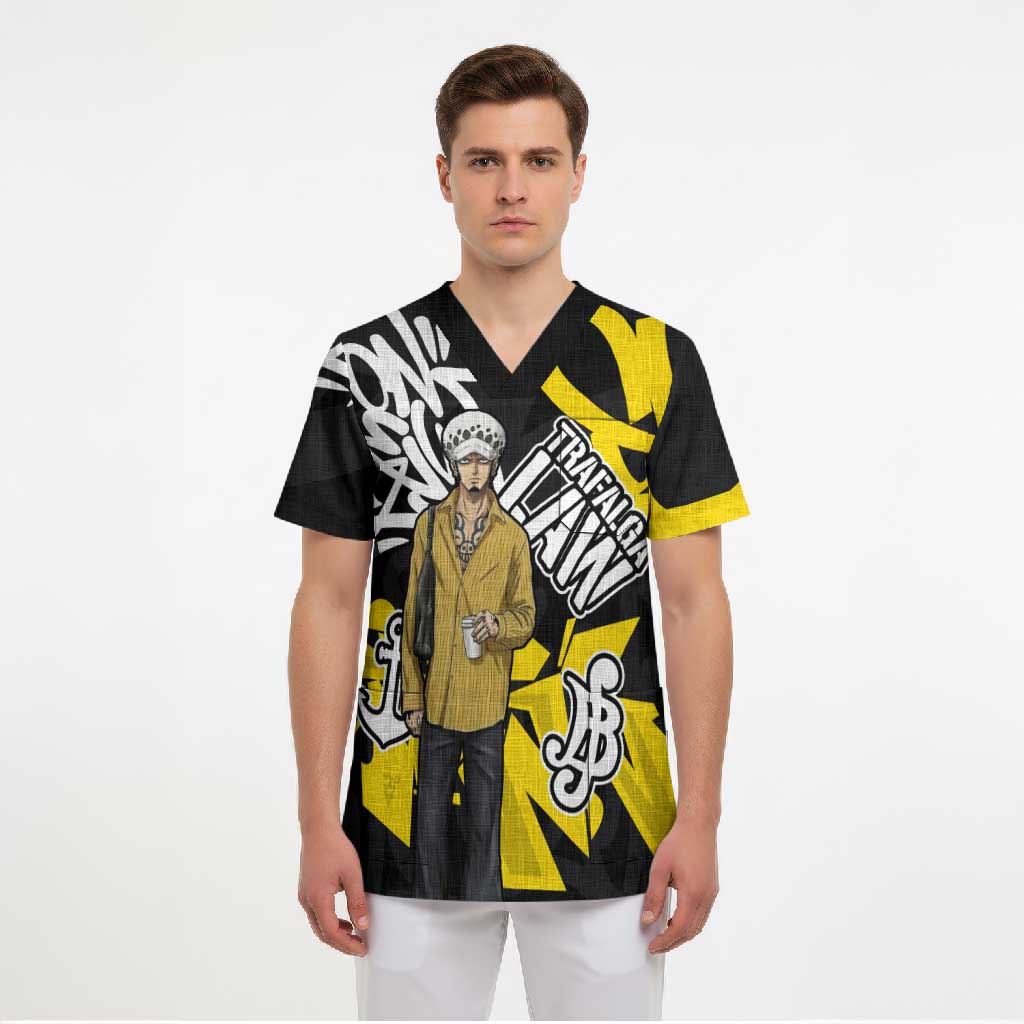 Trafalgar Law One Piece Scrub Top Graffiti Street Art Anime Collage