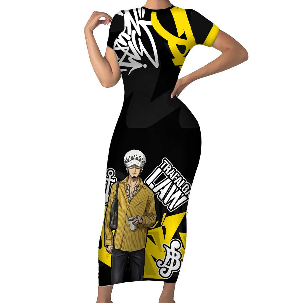 Trafalgar Law One Piece Short Sleeve Bodycon Dress Graffiti Street Art Anime Collage
