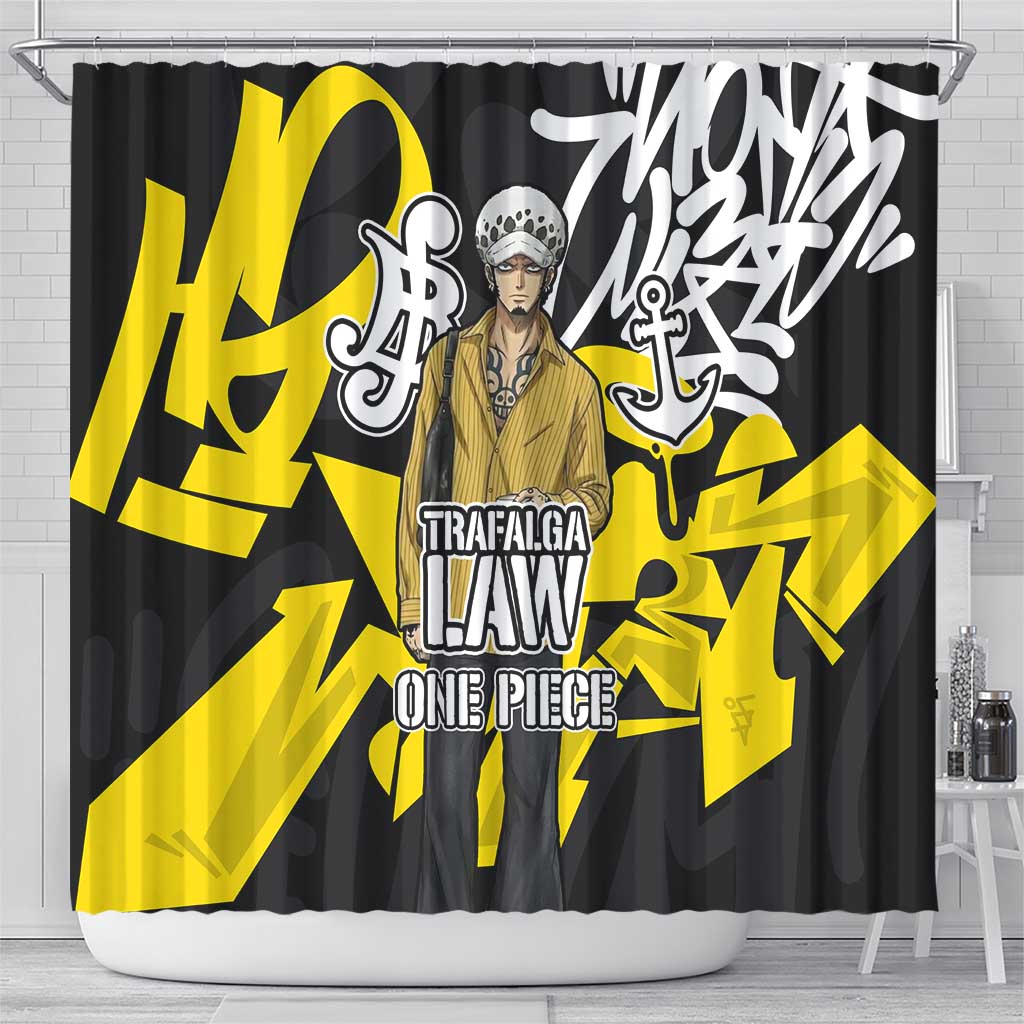 Trafalgar Law One Piece Shower Curtain Graffiti Street Art Anime Collage