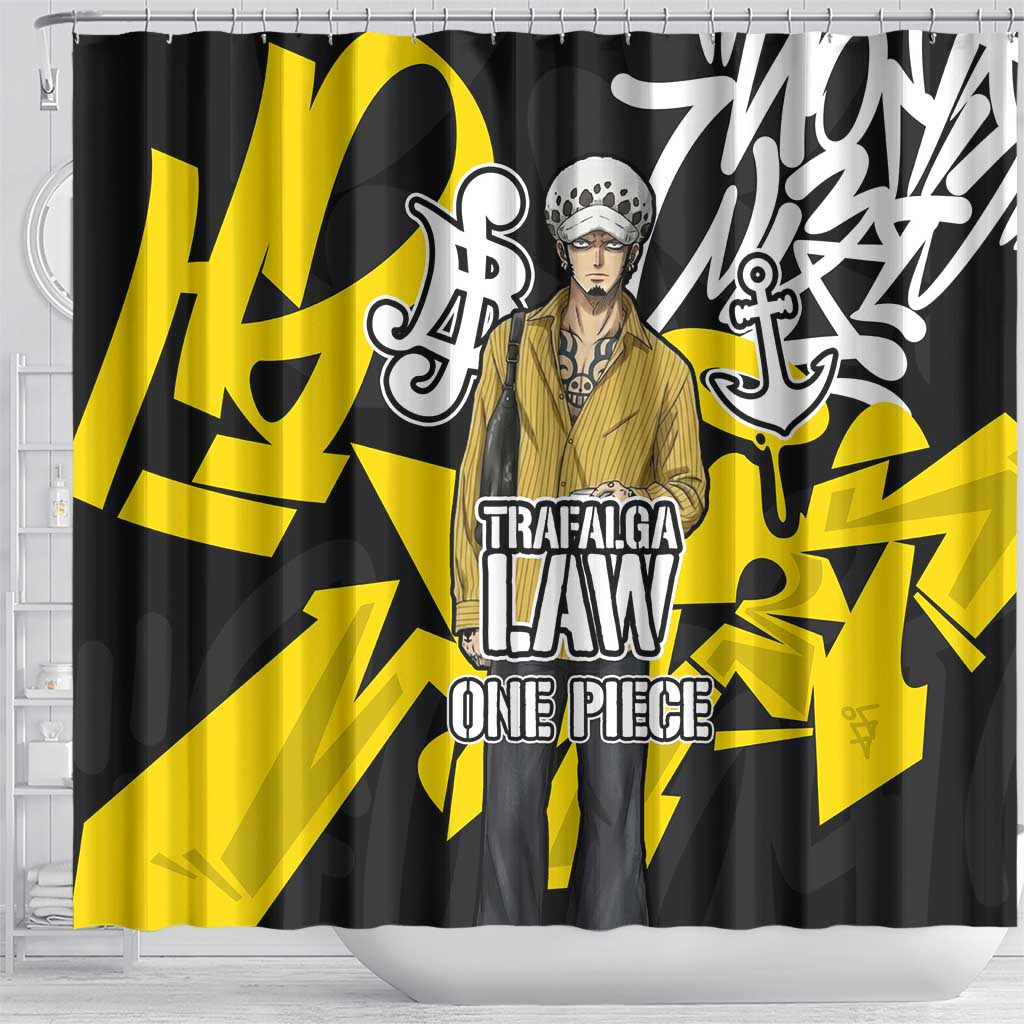 Trafalgar Law One Piece Shower Curtain Graffiti Street Art Anime Collage
