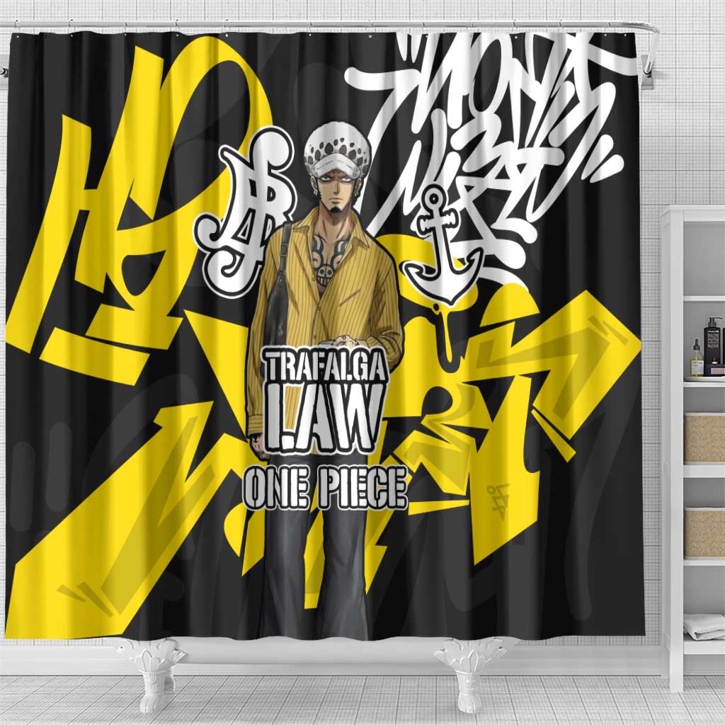 Trafalgar Law One Piece Shower Curtain Graffiti Street Art Anime Collage