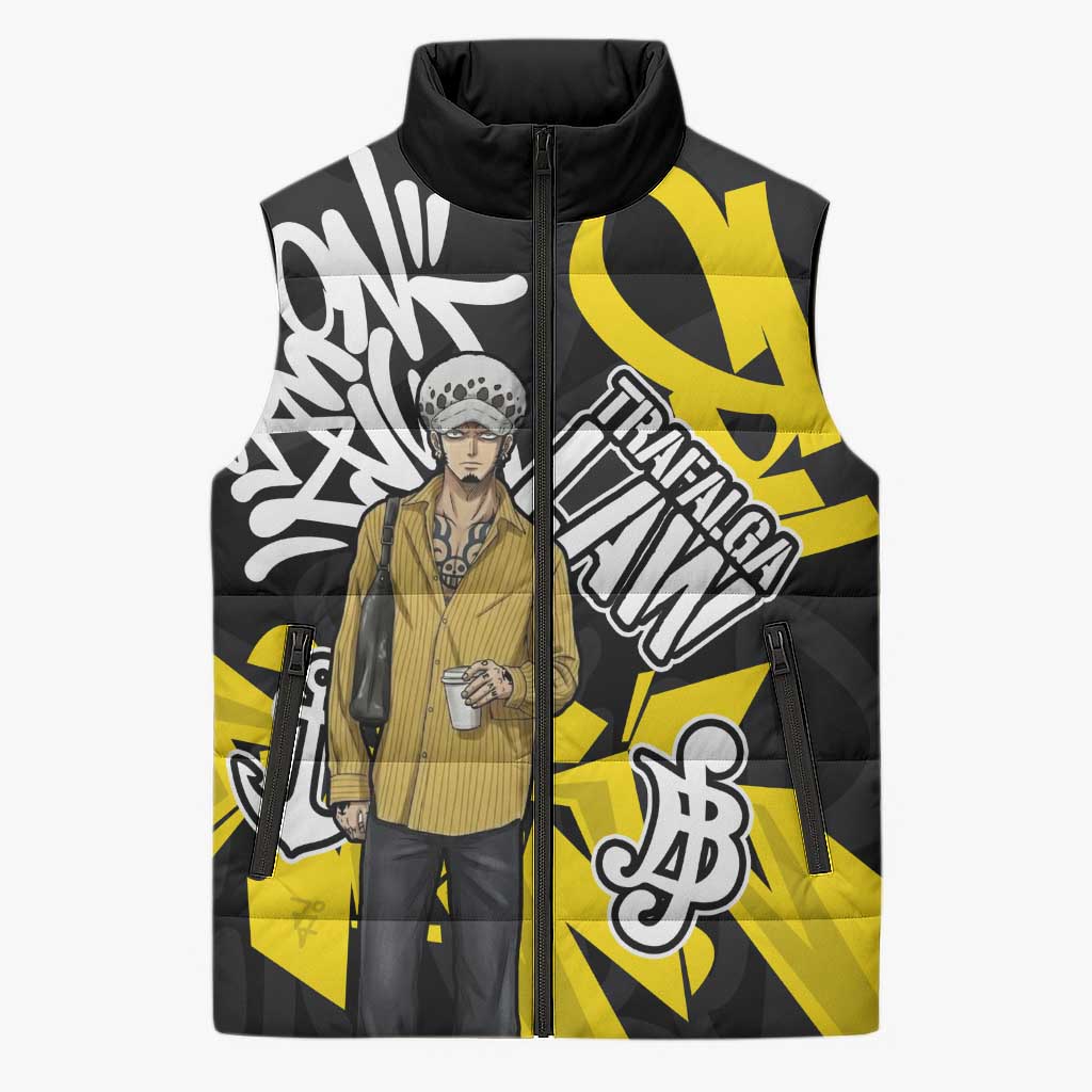 Trafalgar Law One Piece Sleeveless Puffer Jacket Graffiti Street Art Anime Collage