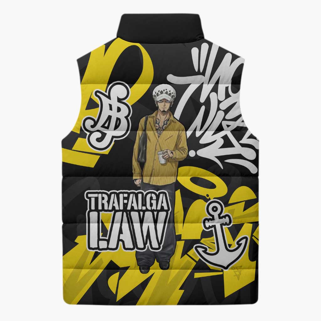Trafalgar Law One Piece Sleeveless Puffer Jacket Graffiti Street Art Anime Collage