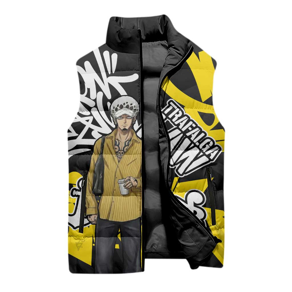 Trafalgar Law One Piece Sleeveless Puffer Jacket Graffiti Street Art Anime Collage